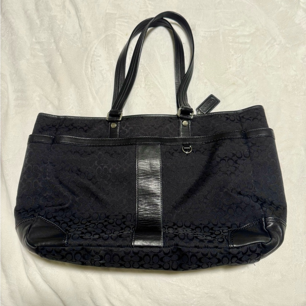 COACH BLACK JACQUARD/LEATHER LOGO LARGE TOTE BAG